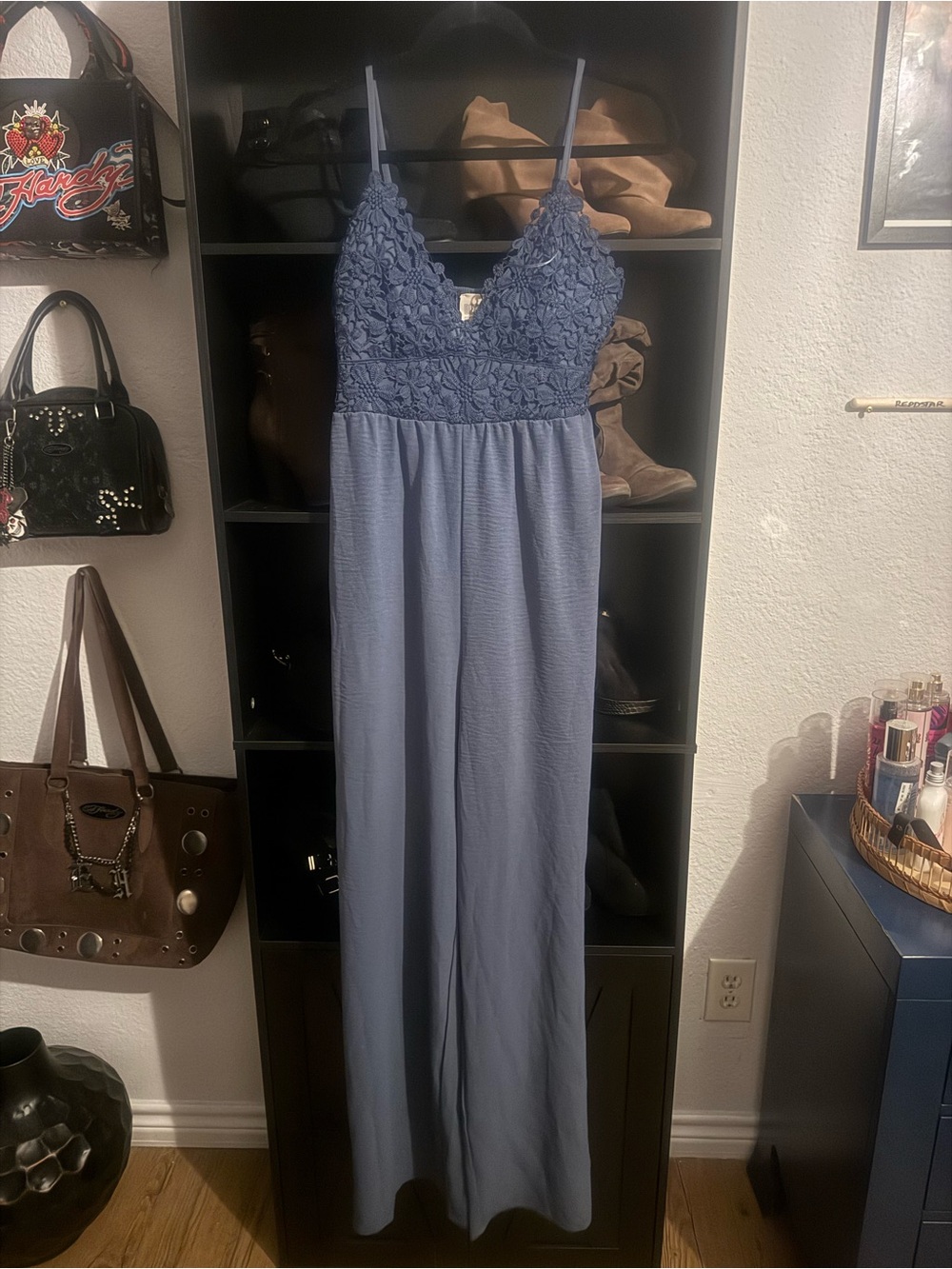 Derek Heart Dusty Blue Lace-Top Maxi romper with Spaghetti Straps